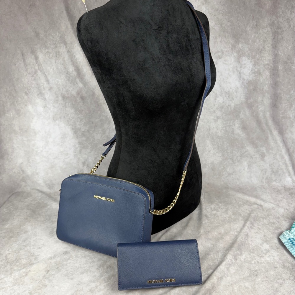 Michael Kors Leather Crossbody Bag‎ & Wallet Set Navy Blue Gold Purse